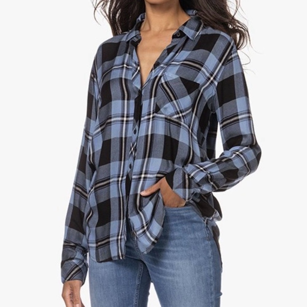 NWT Rails Hunter Flannel Current Onyx White Blue Long Sleeve Button Down Size XS